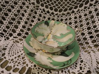 Spectacular Paragon Orchid Tea Cup & Saucer Deep Lime Green Double Warrant