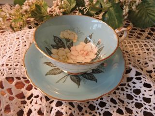 Paragon Gardenia Tea Cup & Saucer Fine Bone China Turquoise Double Warrant