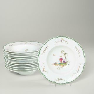 Set Of (12) Raynaud Limoges " Si Kiang " 6 Porcelain Rim Soup Bowls,  8 "