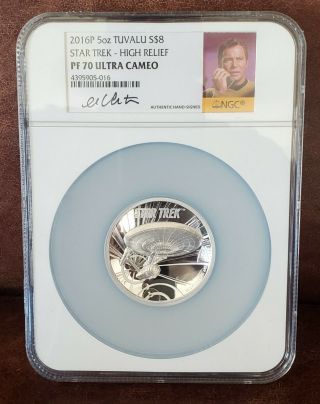 2016 Ngc Pf 70 U/c Tuvalu 5oz Silver $8 " Star Trek " William Shatner Signed