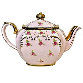 Pink Sadler Cube Ditsy Rose Chintz And Gilded English Teapot Ca.  1936 Cottagecore