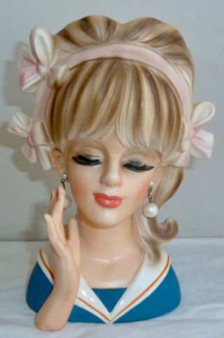Vintage Lady Head Vase Young Girl Blue Dress,  Pink Hair Ribbon,  Pearls,  Sailor