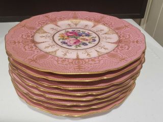 Set Of 8 Pink & Gold Floral Flowers Black Knight Hohenberg Bavaria Dinner Plates