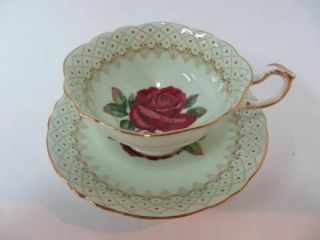 Paragon Teacup & Saucer Green W Large Red Rose Gorgeous Double Stamp