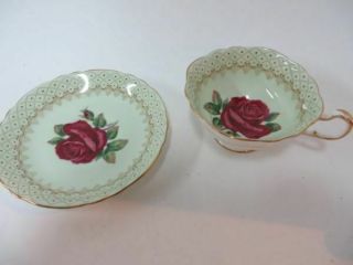 Paragon Teacup & Saucer Green w Large Red Rose Gorgeous Double Stamp 5