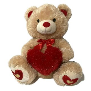 Kellytoy Large Plush Teddy Bear 21 " Beige With Fuzzy Red Heart Smiling Face Toy