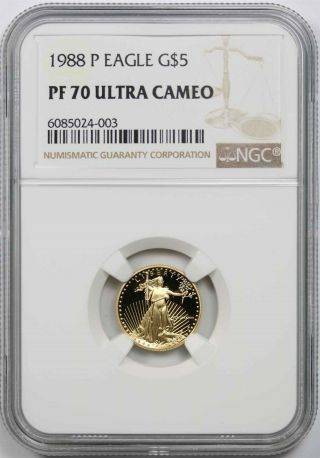 1988 - P Gold Eagle $5 Ngc Pf 70 Ultra Cameo Tenth - Ounce 1/10 Oz Of Fine Gold