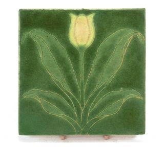 Grueby Pottery Faience 6 " X6 " Tulip Tile Arts & Crafts Matte Green Yellow