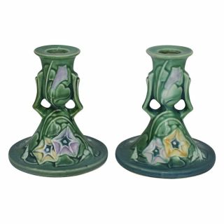 Roseville Pottery Morning Glory Green Candle Holders 1102 - 4