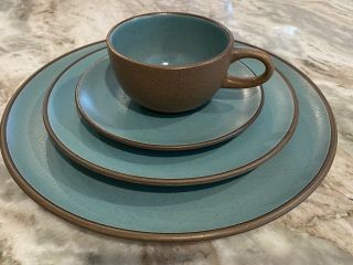 Vintage Heath Ceramics 10.  5 ",  8 " Plates,  Cups & Saucers Teal Blue Brown 26 Pc.