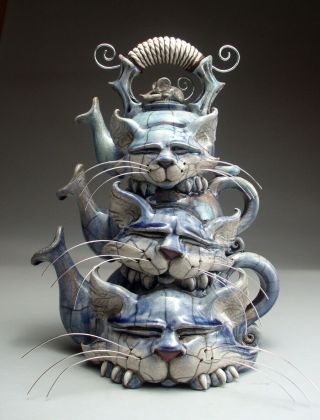 Triple Cat Teapot Pottery Folk Art Sculpture By Face Jug Maker Mitchell Grafton