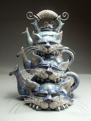 Triple Cat Teapot Pottery folk art sculpture by face jug maker Mitchell Grafton 2