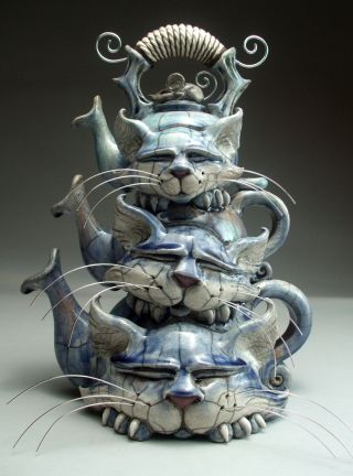 Triple Cat Teapot Pottery folk art sculpture by face jug maker Mitchell Grafton 3