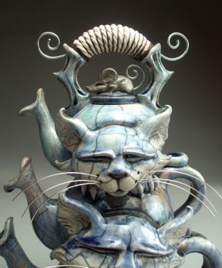 Triple Cat Teapot Pottery folk art sculpture by face jug maker Mitchell Grafton 4