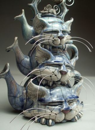 Triple Cat Teapot Pottery folk art sculpture by face jug maker Mitchell Grafton 5