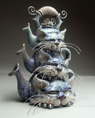 Triple Cat Teapot Pottery folk art sculpture by face jug maker Mitchell Grafton 6
