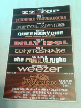 Concert Summer Lineup Poster Lucky Star Casino Ok Zz Top Queensryche Billy Idol