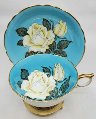 Paragon Turquoise With Large White Cabbage Rose Tea Cup And Saucer
