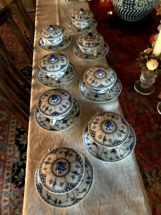 Royal Copenhagen Half Lace Blue Fluted Soup Bowl With Covers And Plates