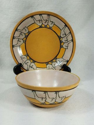 Seg Saturday Evening Girls Paul Revere Pottery Geese Matched Bowl Plate Set 9 - 19
