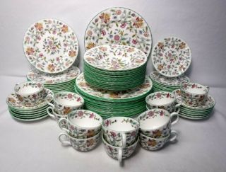 Minton China Haddon Hall B1451 Green 72 - Piece Set Service For 12 With Soup Bowls
