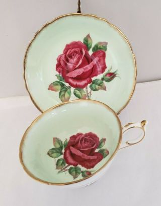Paragon Floating Red Rose Signed R Johnson Green Gold Gilt Tea Cup & Saucer
