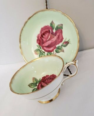 Paragon Floating Red Rose Signed R Johnson Green Gold Gilt Tea Cup & Saucer 3
