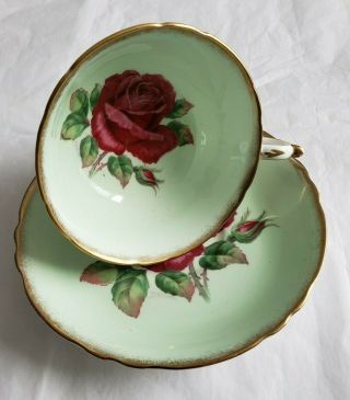 Paragon Floating Red Rose Signed R Johnson Green Gold Gilt Tea Cup & Saucer 4