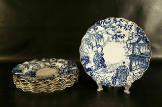 Set Of 7 Royal Crown Derby Blue Mikado Luncheon Plate Sheffield D - 9 Inch