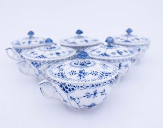 6 Bouillon Cups With Lids 764 Blue Fluted Royal Copenhagen Half Lace 2nd Quality