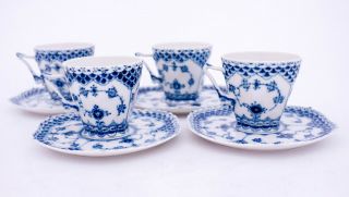4 Cups & Saucers 1036 - Blue Fluted Royal Copenhagen Double Lace - 2nd Quality