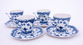 4 Cups & Saucers 1036 - Blue Fluted Royal Copenhagen Double Lace - 2nd Quality 3