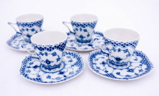 4 Cups & Saucers 1036 - Blue Fluted Royal Copenhagen Double Lace - 2nd Quality 5