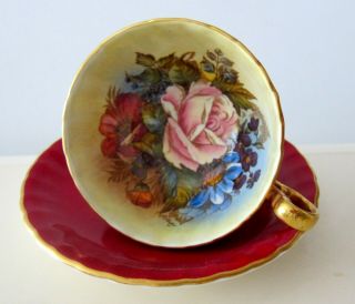 Aynsley Cabbage Rose Flowers Burgundy Teacup Tea Cup Signed J Bailey England