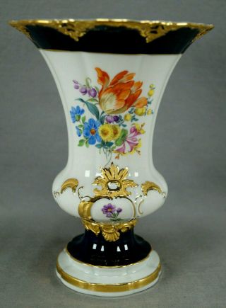 Meissen Hand Painted Floral Cobalt & Gold 7 1/4 Inch Tall B - Form Vase