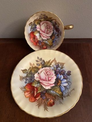 Vtg Aynsley Signed J A Bailey Pink Cabbage Rose Floral On Cream Cup & Saucer