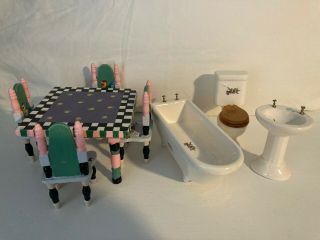 Doll House Furniture - Kitchen Table W/ 4 Chairs & Bathroom Fixtures