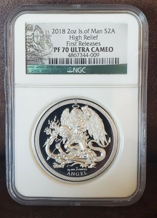2018 Ngc Pf 70 Ultra Cameo 2oz Silver Isle Of Man " Angel " 1st Release/high Relie
