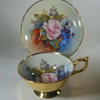 Aynsley Cup & Saucer J A Bailey Cabbage Rose Floral And Gold Stunning