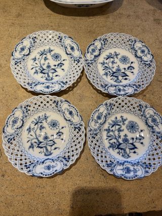 Set/4 19th C.  Meissen Onion Pattern 8 " Reticulated Plates,  Crossed Swords