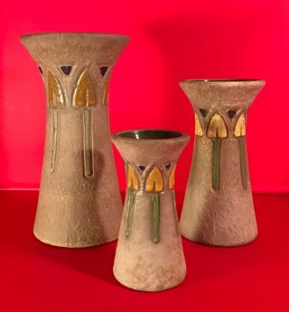 Ca 1916 Roseville Pottery Mostique Pattern Arts & Crafts Vases 10” 8” & 6”
