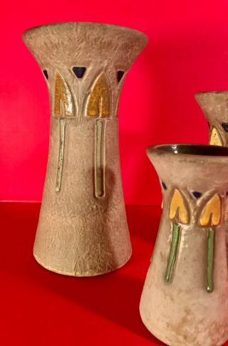 Ca 1916 Roseville Pottery MOSTIQUE Pattern Arts & Crafts Vases 10” 8” & 6” 2