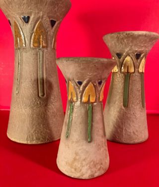 Ca 1916 Roseville Pottery MOSTIQUE Pattern Arts & Crafts Vases 10” 8” & 6” 3