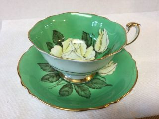 Vintage Paragon English Bone China Cup & Saucer Green & White Cabbage Rose A277