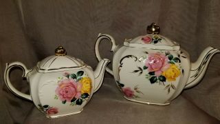 Vintage Sadler England Cube Teapots Roses Gold Trim Foil Label