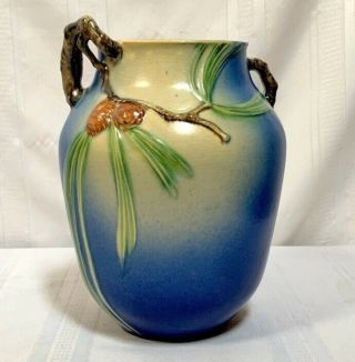 Roseville Pottery,  Pinecone,  Blue Large Double Handled Vase,  Large Form