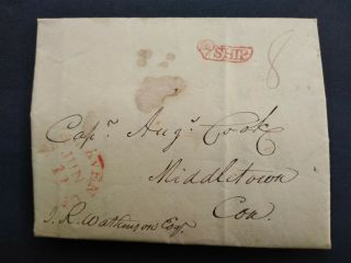 Connecticut: Haven 1822 Stampless Cover,  Scarce Red Ship In Ribbon Marking