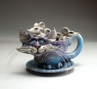 Cat & Mice Teacup & Saucer Pottery Folk Art By Face Jug Maker Mitchell Grafton