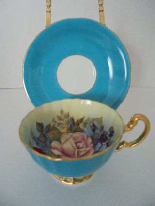 Aynsley J D Bailey Cabbage Rose Teacup And Saucer Turquoise Vintage
