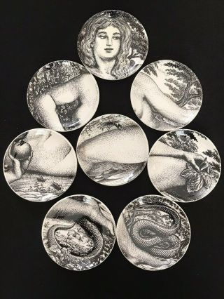 Vtg 1965 Piero Fornasetti 8 Porcelain Coasters Of Eve - Black & White W/ Box 4 "